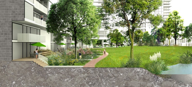 Interface des rez-de-chaussées avec le parc central